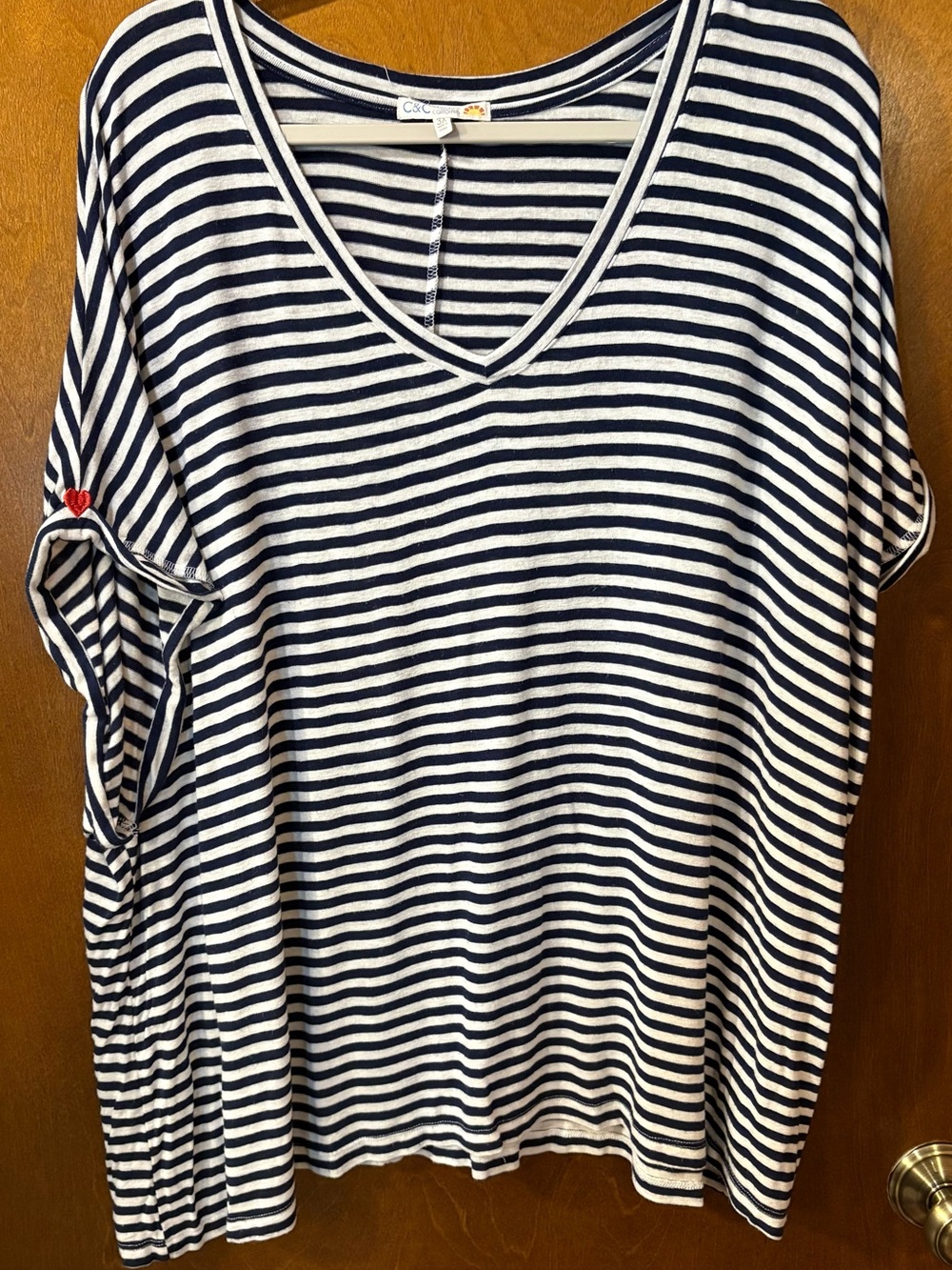 C&C California Navy & White Striped Top with Heart Patches